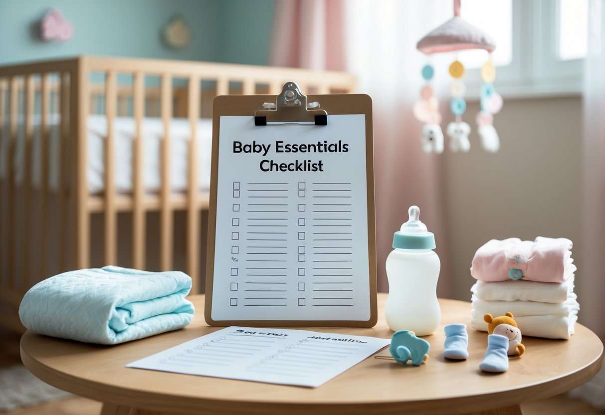 Ein gemütliches Babyzimmer mit einer übersichtlichen Checkliste auf einem Tisch, umgeben von Babyartikeln wie Decke, Schnuller, Flasche, Socken und Kuscheltier.