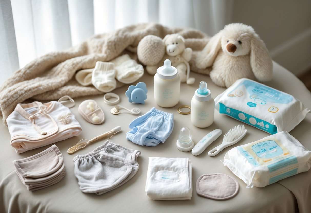 Verschiedene grundlegende Babyartikel wie Kleidung, Decke, Flasche, Schnuller und Windeln auf einer weichen Oberfläche arrangiert.