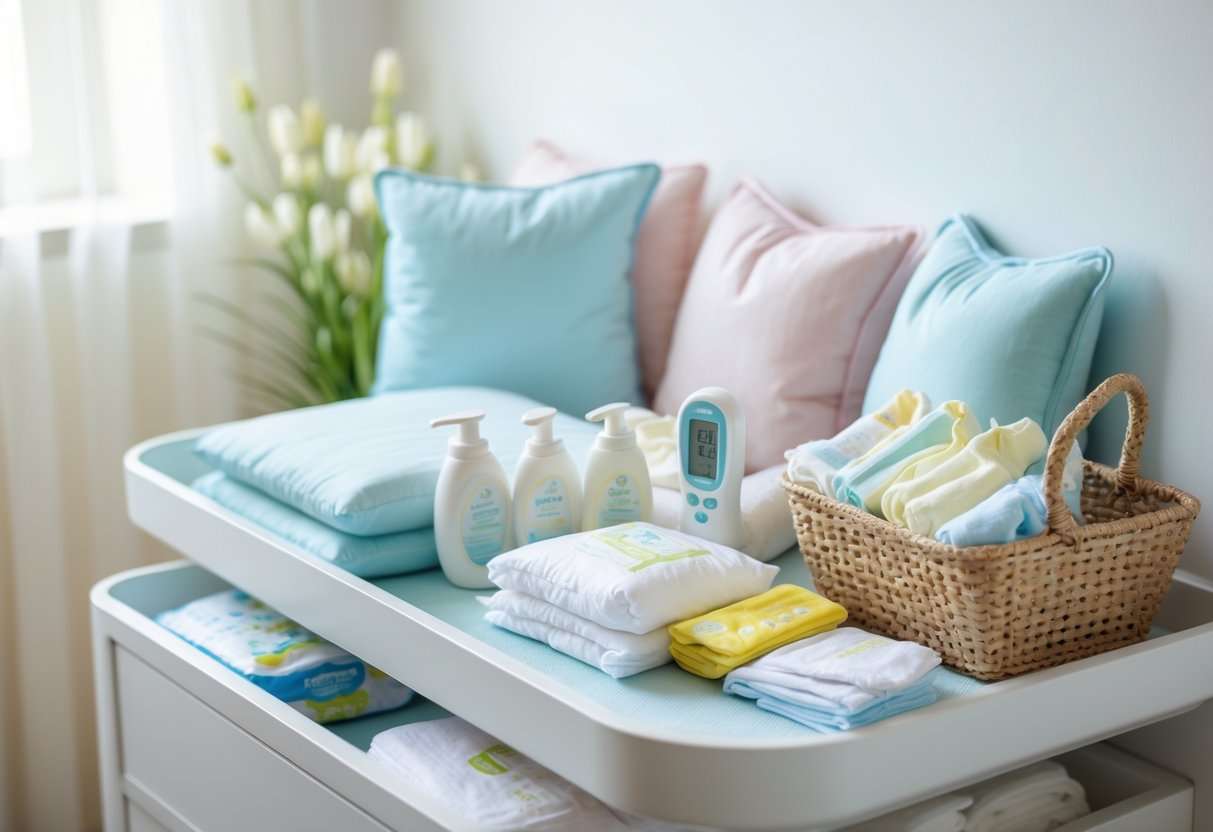 Ein ordentlich eingerichteter Wickelbereich mit Wickeltisch, Windeln, Babycremes und gefalteter Babykleidung.