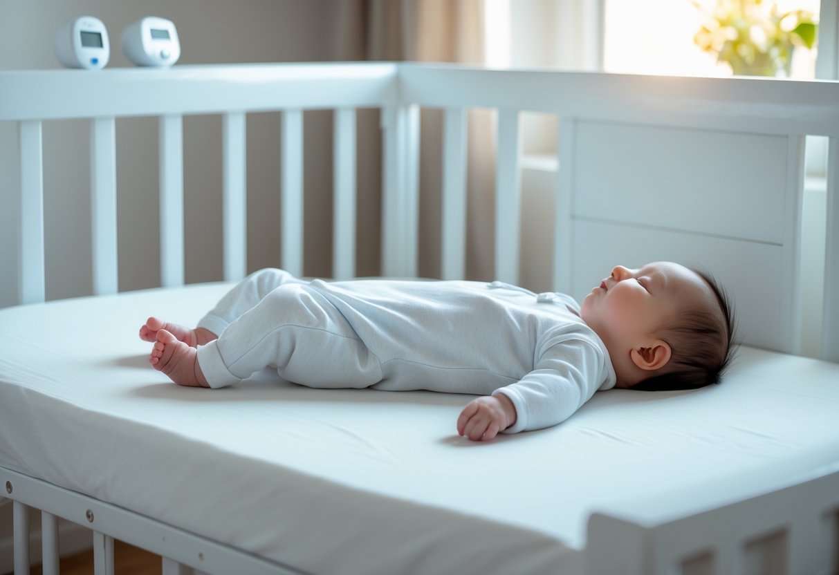 Ein Baby schläft sicher auf dem Rücken in einem sauberen Kinderbett ohne lose Decken oder Kissen.