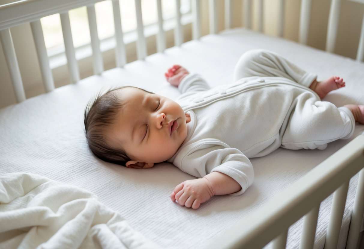 Ein Baby schläft sicher auf dem Rücken in einem sauberen, gut beleuchteten Kinderbett.
