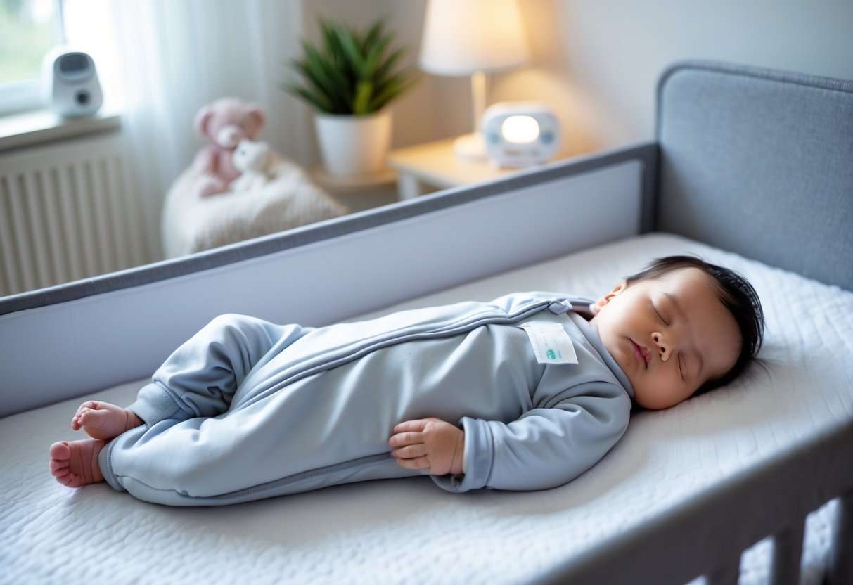 Ein Baby schläft sicher auf dem Rücken in einem sauberen, gut ausgestatteten Kinderbett ohne lose Gegenstände.