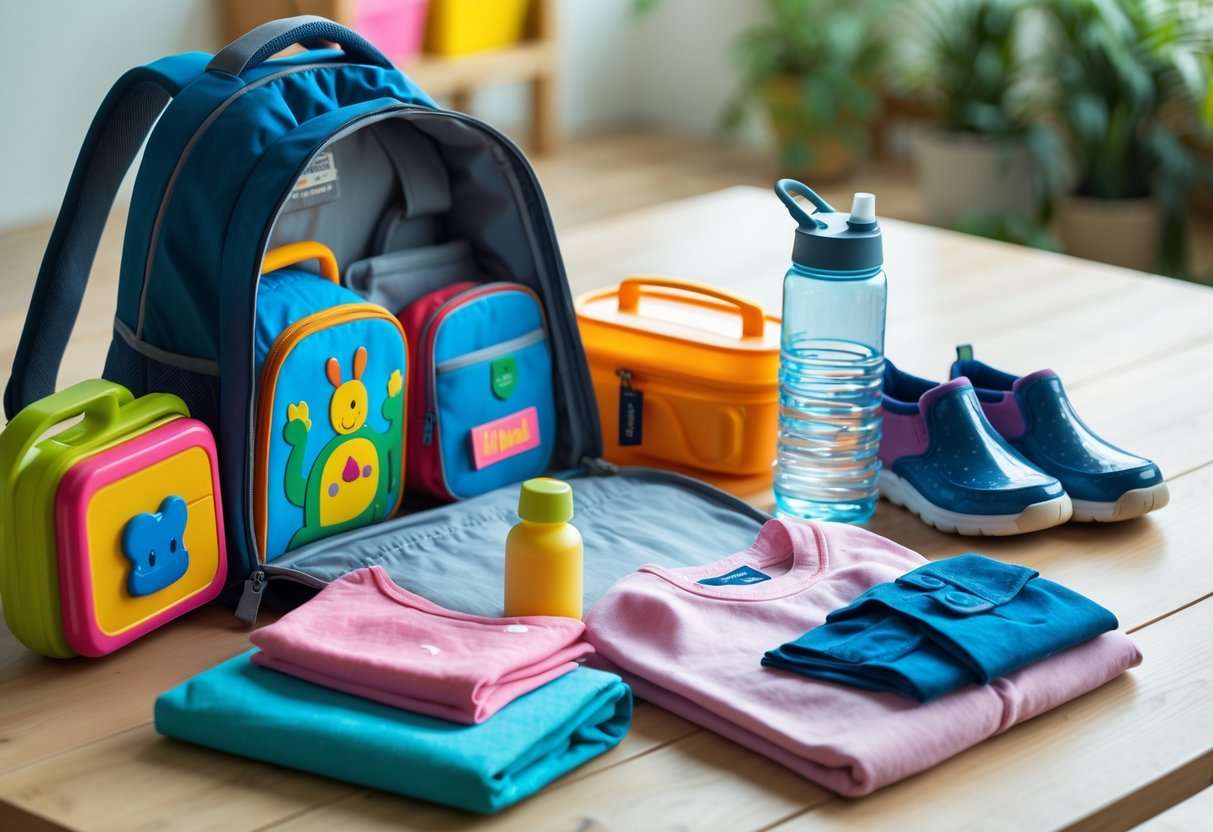 Ein geöffneter Rucksack mit sorgfältig angeordneten Kindergartensachen auf einem Holztisch.