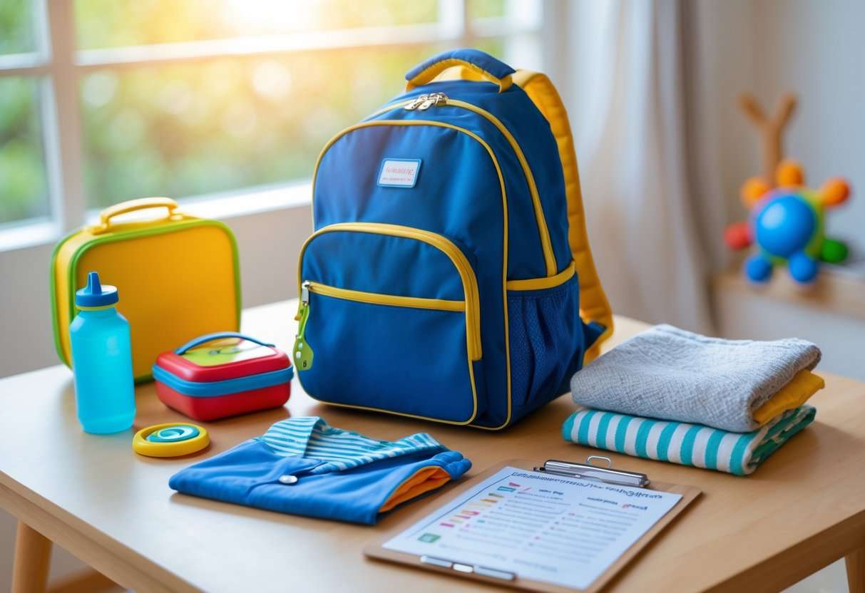 Ein geöffneter Kindergartenrucksack mit wichtigen Utensilien wie Brotdose, Wasserflasche, Wechselkleidung und Spielzeug auf einem Tisch.