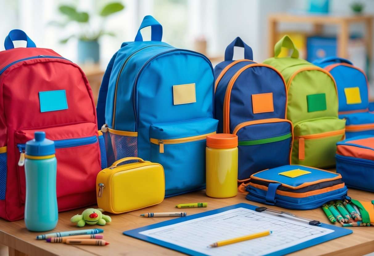 Mehrere bunte Kindergartenrucksäcke und wichtige Utensilien auf einem Tisch in einem hellen Raum.