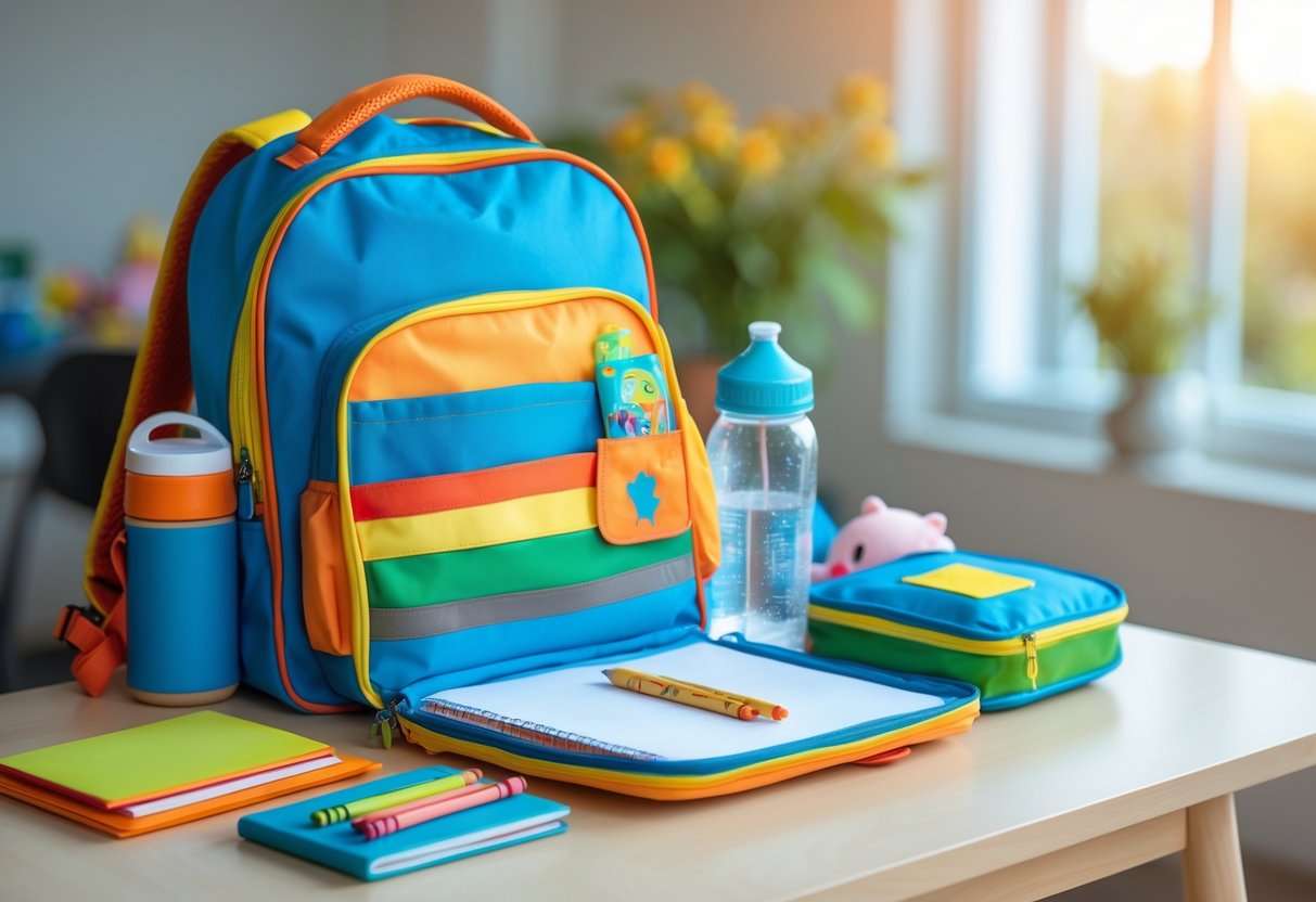 Ein geöffneter bunter Kinderrucksack mit wichtigen Gegenständen für den Kita-Tag, auf einem Holztisch liegend.